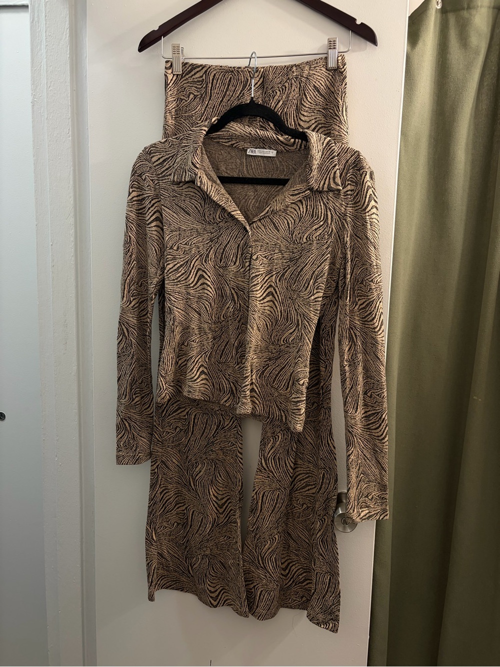 Zara Brown & Black Zebra-Print Button Shirt and Flare Pant Set